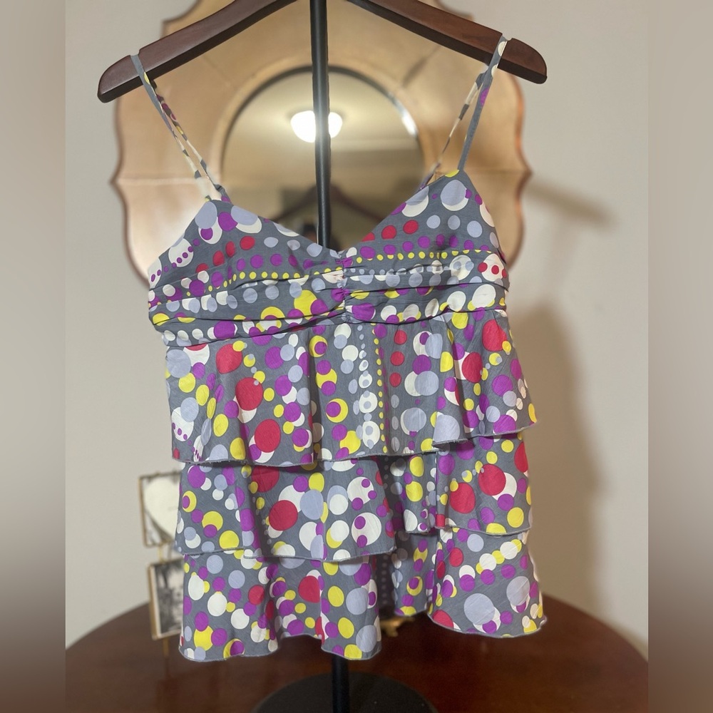 Y2K Multicolored Polka Dot Tiered Ruffle Women's Cami Top Whimsical Sz S